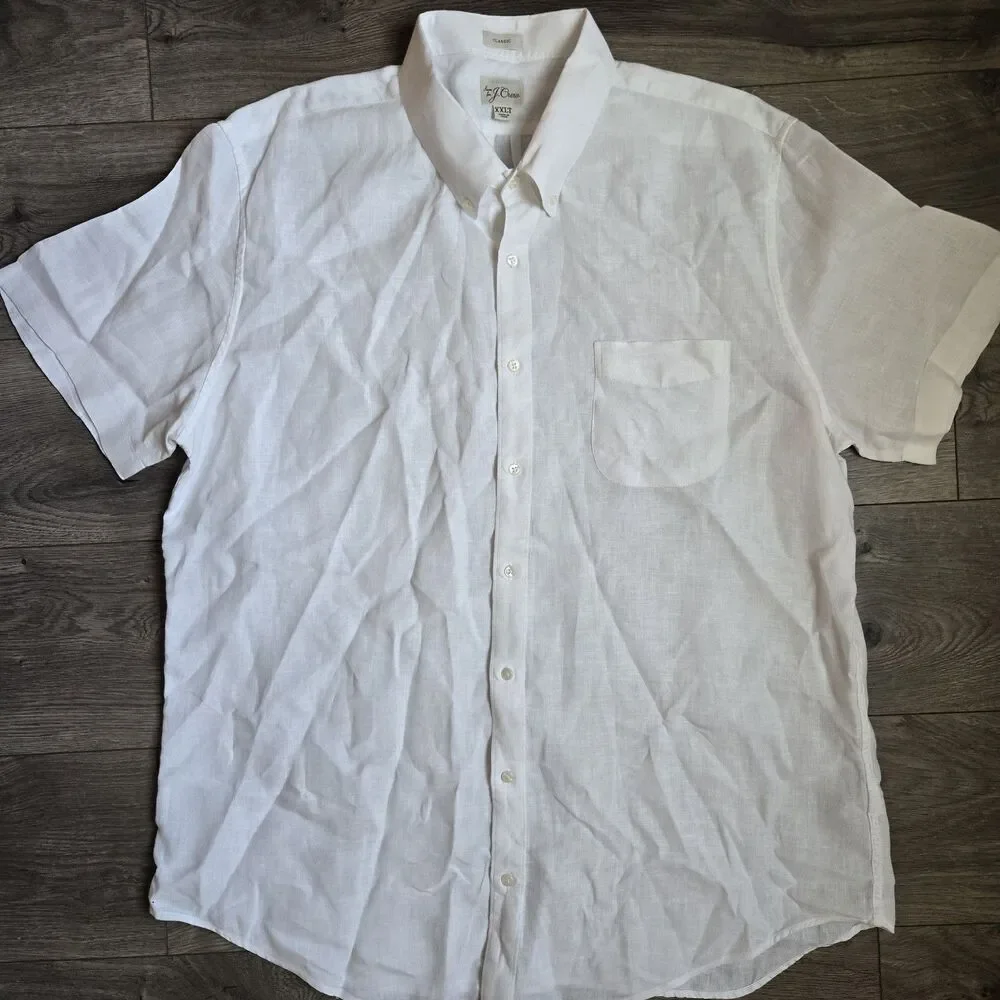 J Crew Mens XXLT Baird McNutt Irish Linen Shirt White Short Sleeve Button Front